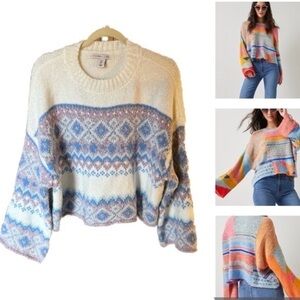 Sincerely Jules White Blue Sharlene Wool Blend Bell Sleeve Pullover Sweater